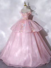 A-Line Off Shoulder Organza Lace Pink Long Prom Dress. Pink Sweet 16 Dress