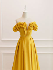 A-Line Off Shoulder Satin Yellow Long Prom Dress, Yellow Formal Evening Dress