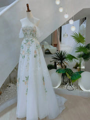 A-Line Off Shoulder Tulle Lace Applique White Long Prom Dress, White Long Formal Dress