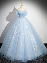 A-Line Off Shoulder Tulle Sequin Blue Long Prom Dress, Blue Sweet 16 Dress