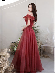 A-Line Off Shoulder Tulle Sequin Lace Burgundy Long Prom Dress, Burgundy Long Formal Dress