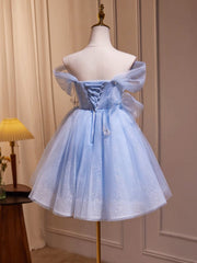 A-Line Off Shoulder Tulle Short Blue Prom Dress, Cute Blue Homecoming Dress