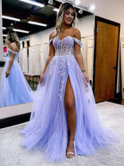 A Line Off the Shoulder Lace Tulle Prom Dress With Slit