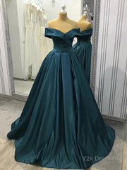 A-line Off the Shoulder Long Prom Dresses Satin Formal Evening Gowns