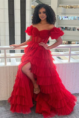 A-line Off-the-Shoulder Tulle Prom Dress with Slit