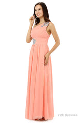 A-line One-shoulder Chiffon Beaded Crystals Coral Bridesmaid Dresses