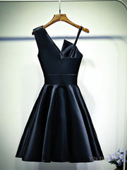 A Line One Shoulder Short Black Prom Dresses, Short Black One Shoulder Formal Graduation Dresses