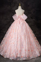 A-Line Pink Flowers Tulle Long Princess Dress, Off the Shoulder Formal Evening Dress