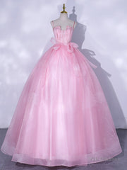 A-Line Pink Tulle Lace Long Prom Dress, Pink Formal Dresses