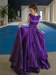 A-Line/Princess Bateau Floor-Length Satin Prom Dresses With Ruffles