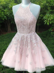 A-Line/Princess Halter Short/Mini Tulle Homecoming Dresses With Appliques Lace