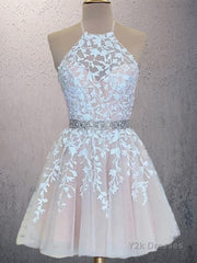 A-Line/Princess Halter Short/Mini Tulle Homecoming Dresses With Appliques Lace