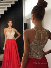 A-Line/Princess Halter Sweep Train Chiffon Evening Dresses With Beading