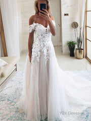 A-Line/Princess Off-the-Shoulder Cathedral Train Tulle Wedding Dresses With Appliques Lace