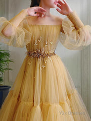 A-Line/Princess Off-the-Shoulder Floor-Length Tulle Prom Dresses With Beading