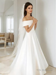 A-Line/Princess Off-the-Shoulder Sweep Train Satin Wedding Dresses