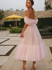 A-Line/Princess Off-the-Shoulder Tea-Length Tulle Homecoming Dresses With Ruffles