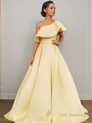 A-Line/Princess One-Shoulder Floor-Length Satin Prom Dresses With Ruffles