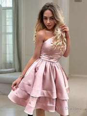 A-Line/Princess One-Shoulder Short/Mini Charmeuse Homecoming Dresses With Ruffles