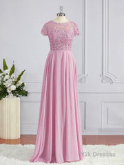 A-Line/Princess Scoop Floor-Length Chiffon Bridesmaid Dresses with Appliques Lace