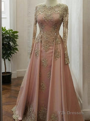 A-Line/Princess Scoop Floor-Length Tulle Evening Dresses With Appliques Lace