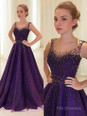 A-Line/Princess Scoop Floor-Length Tulle Prom Dresses With Beading