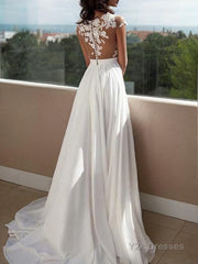 A-Line/Princess Scoop Sweep Train Chiffon Evening Dresses With Leg Slit