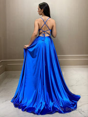 A-Line/Princess Spaghetti Straps Sweep Train Elastic Woven Satin Prom Dresses With Leg Slit