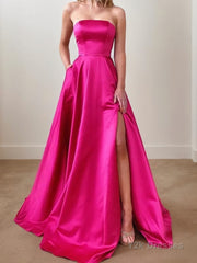 A-Line/Princess Strapless Sweep Train Satin Prom Dresses With Leg Slit