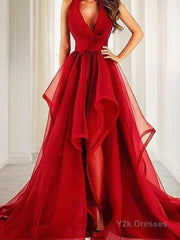 A-Line/Princess V-neck Court Train Organza Evening Dresses With Ruffles