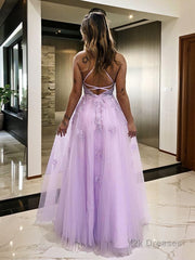 A-Line/Princess V-neck Floor-Length Tulle Prom Dresses With Leg Slit