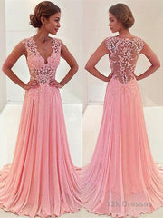 A-Line/Princess V-neck Sweep Train Chiffon Prom Dresses With Appliques Lace