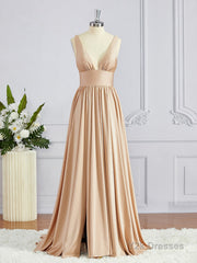 A-Line/Princess V-neck Sweep Train Jersey Bridesmaid Dresses with Leg Slit