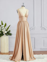 A-Line/Princess V-neck Sweep Train Jersey Bridesmaid Dresses with Leg Slit