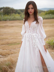 A-Line/Princess V-neck Sweep Train Lace Wedding Dresses With Leg Slit