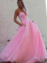 A-Line/Princess V-neck Sweep Train Prom Dresses With Pockets