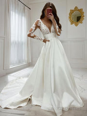 A-Line/Princess V-neck Sweep Train Satin Wedding Dresses