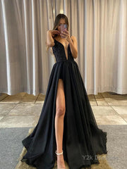 A-Line/Princess V-neck Sweep Train Sequins Prom Dresses With Leg Slit