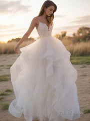 A-Line/Princess V-neck Sweep Train Tulle Wedding Dresses