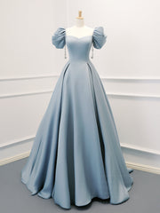 A-Line Puff Sleeves Satin Blue Long Prom Dress, Blue Long Formal Dress