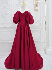 A-Line Puff Sleeves Satin Dark Red Long Prom Dress, Dark Red Long Evening Dress