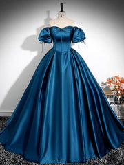 A-Line Puff Sleeves Satin Peacock Blue Long Prom Dress, Peacock Blue Long Formal Dress