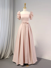 A-Line Puff Sleeves Satin Pink Long Prom Dress, Pink Long Bridesmaid Dress