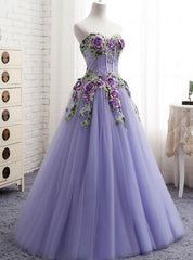 A-Line Purple Tulle Embroidery Appliques Sweetheart Neck Prom Dress