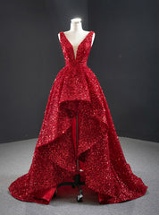 A-line Red  Sequins V-neck Prom Dress