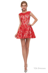 A-Line Red Lace Sleeveless Mini Homecoming Dresses