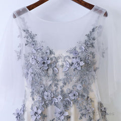 A Line Round Neck Half Sleeves Gray Lace Prom Dresses, Gray Floral Long Formal Evening Dresses