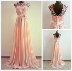 A-Line Round Neck Sweep Train Lace Coral Prom Dress, Formal Dresses, Lace Bridesmaid Dress