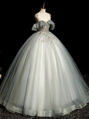 A-Line Round Neck Tulle Gray Blue Long Prom Dress, Tulle Sequin Lace Long Evening Dress