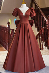 A-Line Satin Floor Length Prom Dress, Elegant Short Sleeve Evening Party Dress